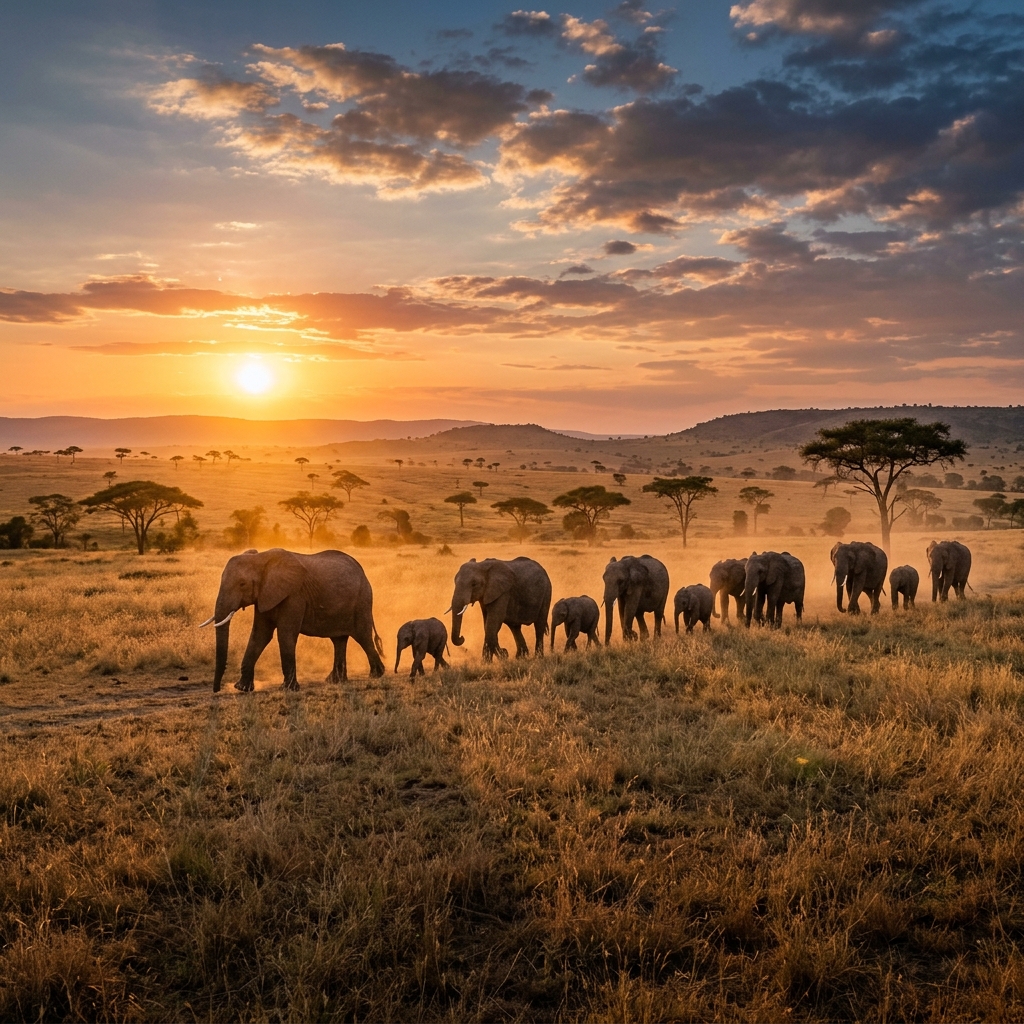 An elephant family on the savanna at sunset