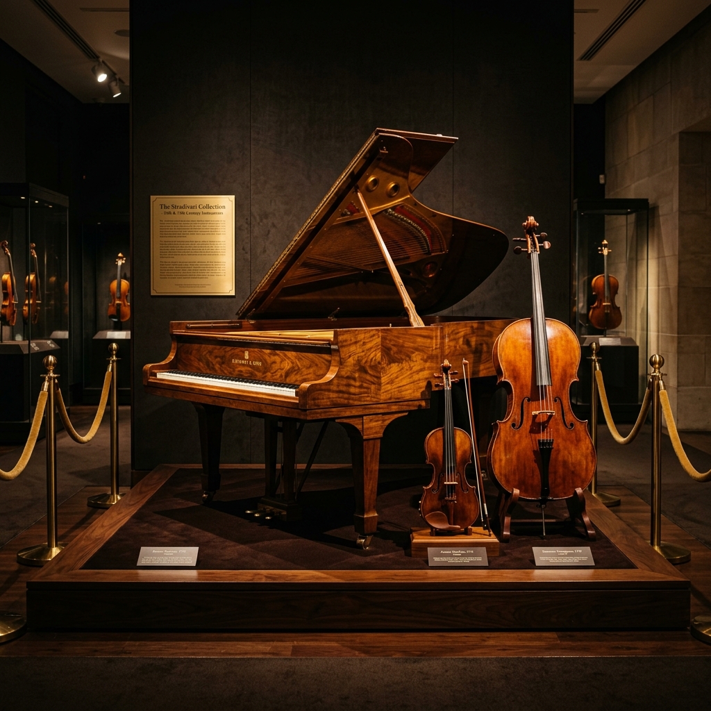 A classical violin, cello and grand piano on display in a concert hall museum