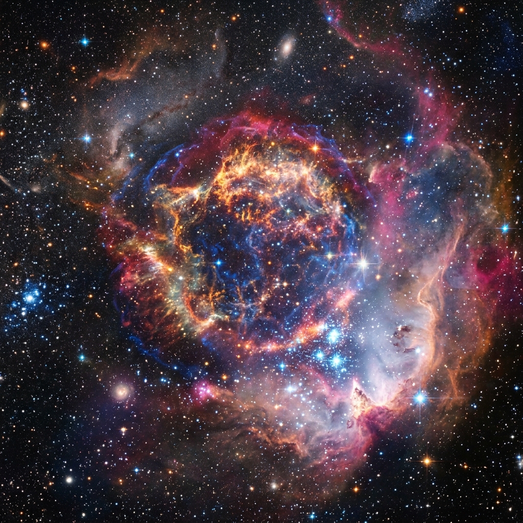 A glowing supernova remnant and celestial nebula in deep space